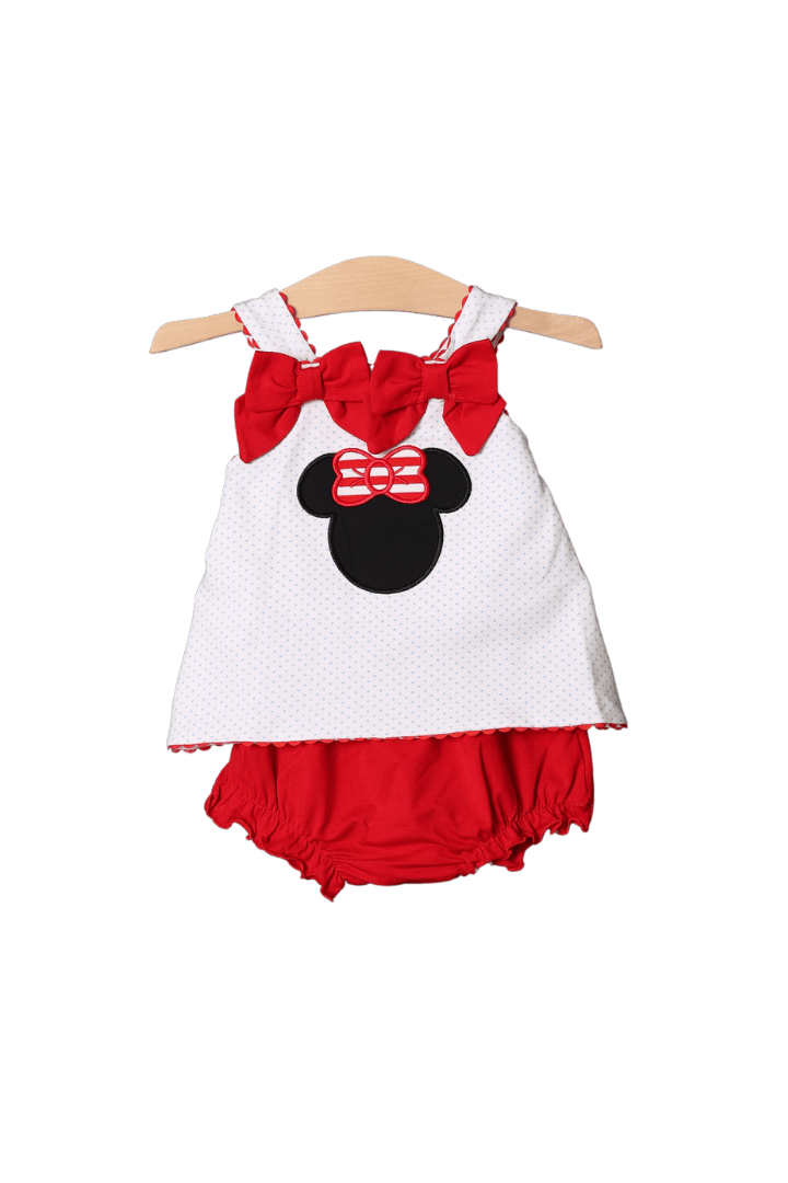 The Smocked Flamingo Mouse Applique Bow Bloomer Set