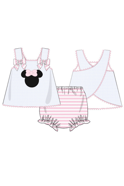 The Smocked Flamingo Pink Mouse Applique Bow Bloomer Set