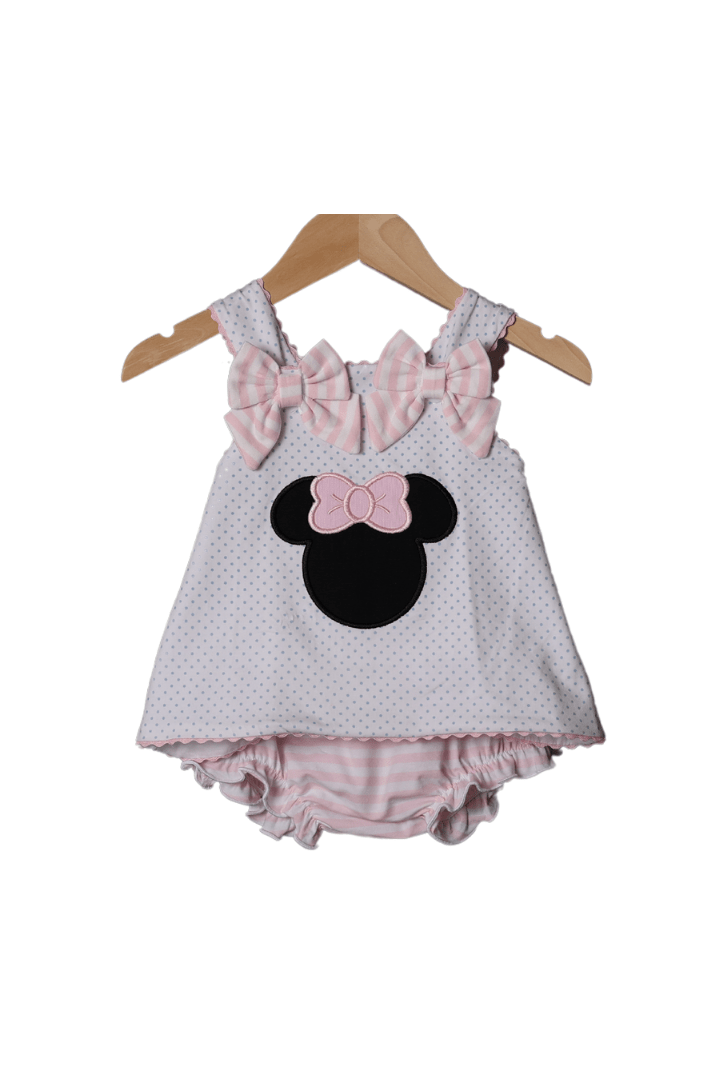 The Smocked Flamingo Pink Mouse Applique Bow Bloomer Set