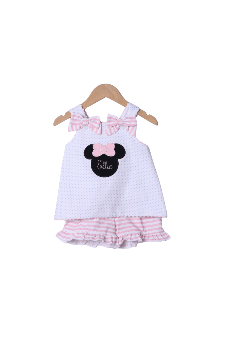 The Smocked Flamingo Pink Mouse Applique Bow Short Set