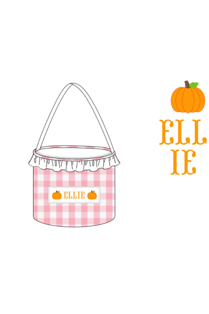 The Smocked Flamingo Pink/Orange Bitty Dot Pre-Order Hand Smocked Custom Name Treat Basket-Pink Gingham Pumpkin