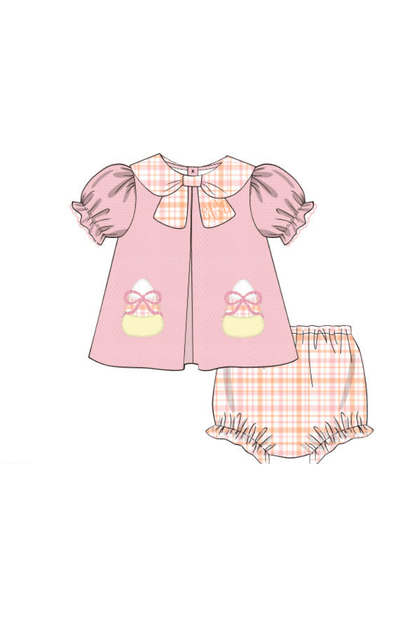 The Smocked Flamingo Pre-Order Applique Candy Corn Pink Honeycomb/Plaid Bloomer Set
