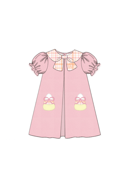 The Smocked Flamingo Pre-Order Applique Candy Corn Pink Honeycomb/Plaid Dress