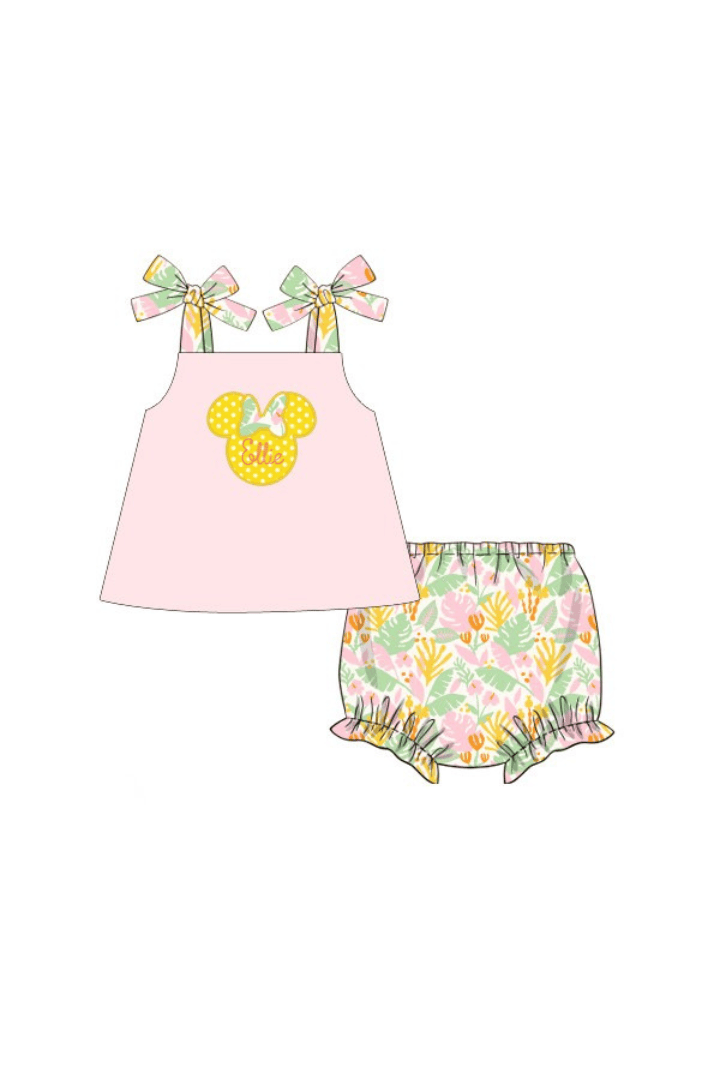 The Smocked Flamingo Pre-Order Applique Mouse Pink Tropical Bloomer Set