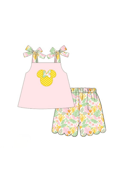 The Smocked Flamingo Pre-Order Applique Mouse Pink Tropical Short Set
