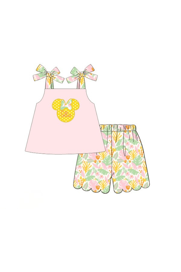 The Smocked Flamingo Pre-Order Applique Mouse Pink Tropical Short Set