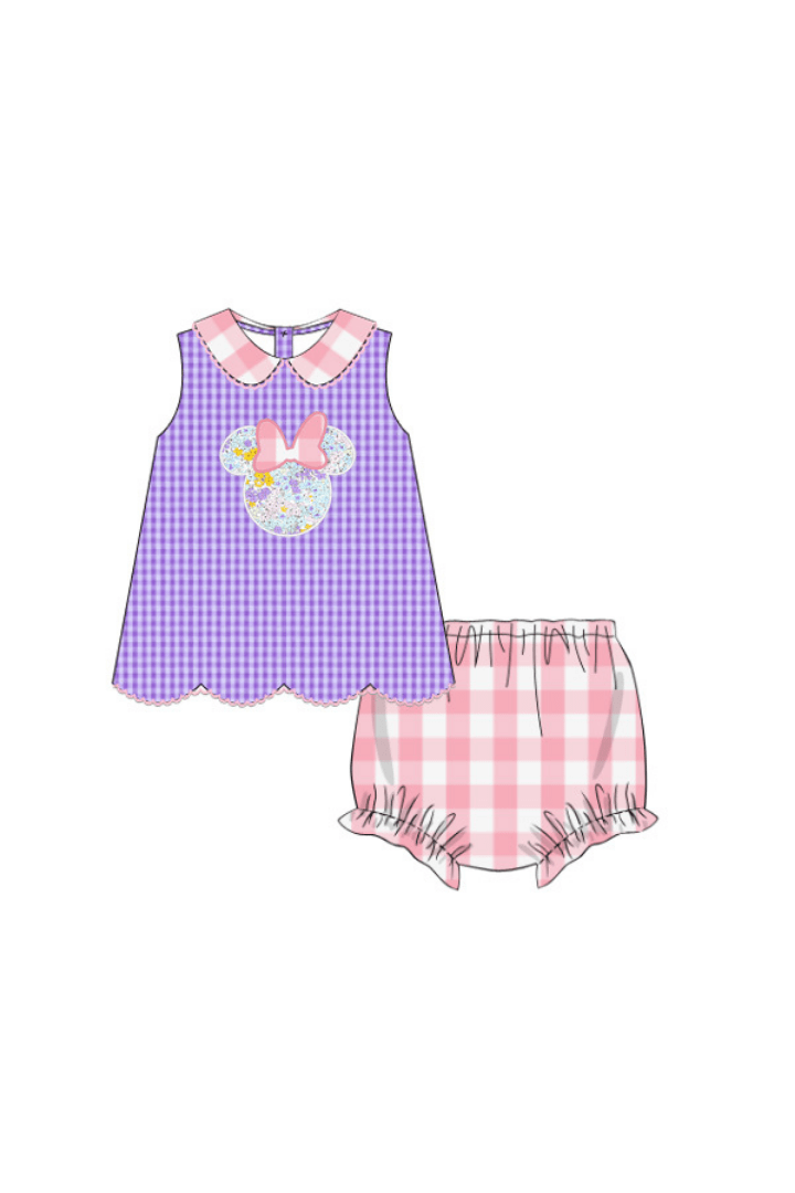 The Smocked Flamingo Pre-Order Applique Mouse Purple Gingham/Floral Bloomer Set