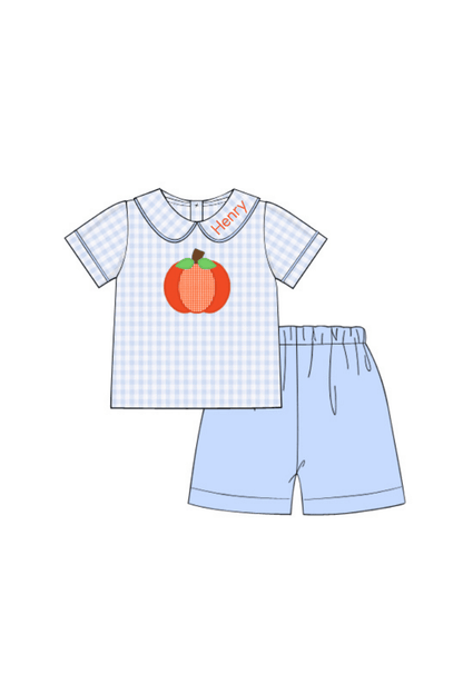 The Smocked Flamingo Pre-Order Applique Pumpkin Blue Gingham Short Set
