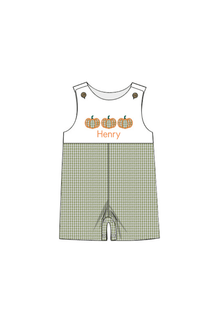 The Smocked Flamingo Pre-Order Applique Pumpkin Green Seersucker Jon Jon