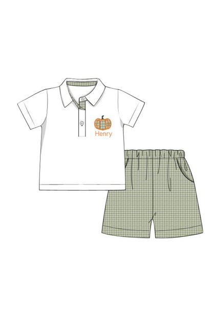 The Smocked Flamingo Pre-Order Applique Pumpkin Green Seersucker Polo Short Set