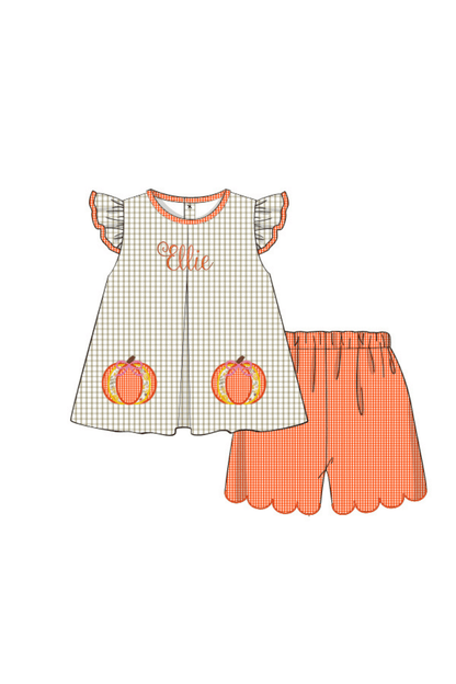The Smocked Flamingo Pre-Order Applique Pumpkin Khaki Windowpane Flutter Sleeve Short Set