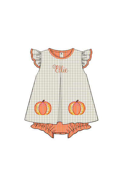 The Smocked Flamingo Pre-Order Applique Pumpkin Khaki Windowpane Flutter Sleeve Skirted Bubble