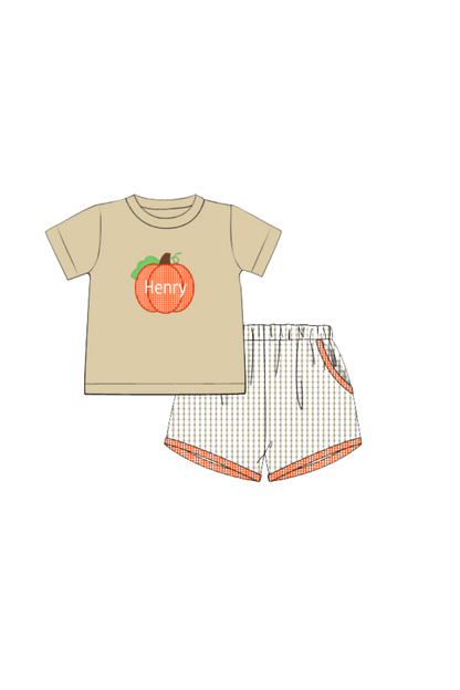 The Smocked Flamingo Pre-Order Applique Pumpkin Khaki Windowpane Short Set