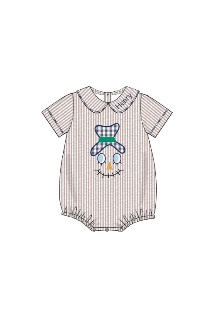 The Smocked Flamingo Pre-Order Applique Scarecrow Tan Seersucker Bubble