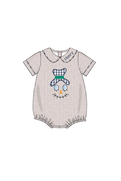 The Smocked Flamingo Pre-Order Applique Scarecrow Tan Seersucker Bubble