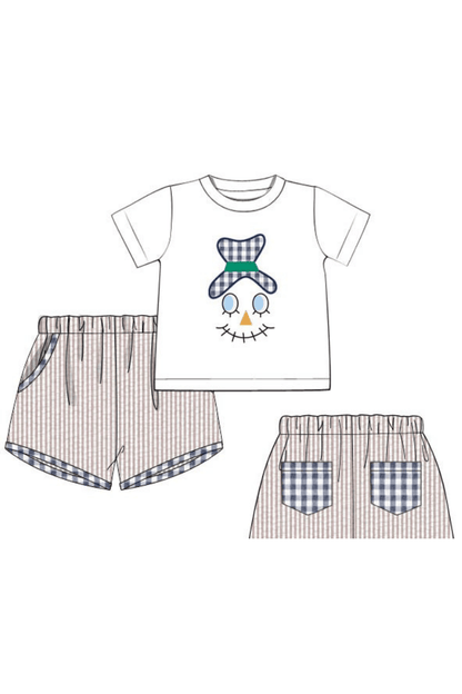 The Smocked Flamingo Pre-Order Applique Scarecrow Tan Seersucker Short Set