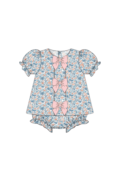 The Smocked Flamingo Pre-Order Apricot and Blue Fall Floral Bow Bubble