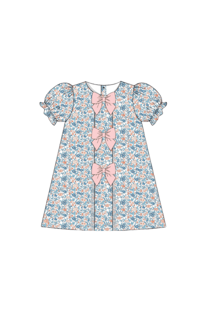 The Smocked Flamingo Pre-Order Apricot and Blue Fall Floral Bow Dress