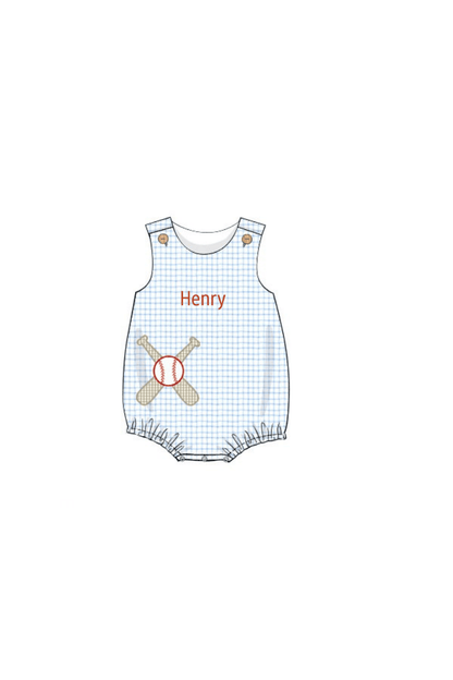 The Smocked Flamingo Pre-Order Baseball Applique Blue Gingham Knit Bubble