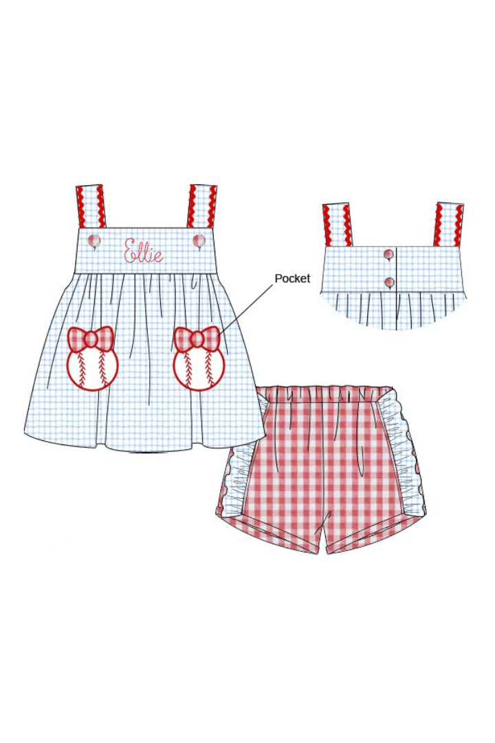The Smocked Flamingo Pre-Order Baseball Bow Applique Knit Short Set