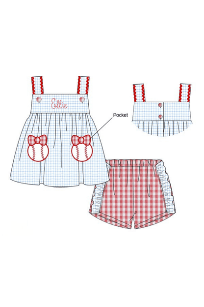 The Smocked Flamingo Pre-Order Baseball Bow Applique Knit Short Set
