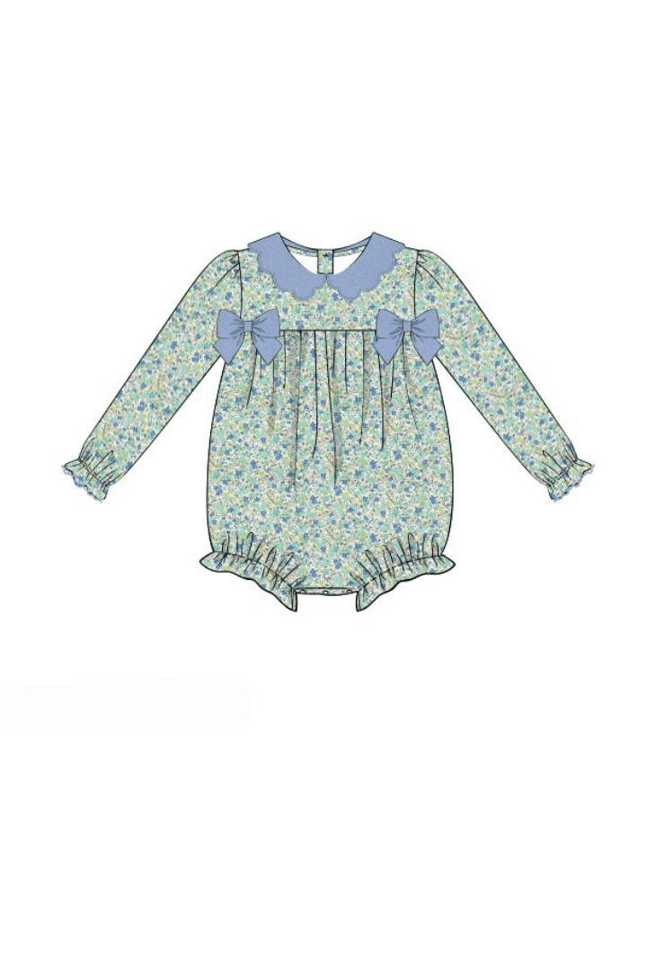The Smocked Flamingo Pre-Order Blue Fall Floral Corduroy/Velvet Bow Bubble