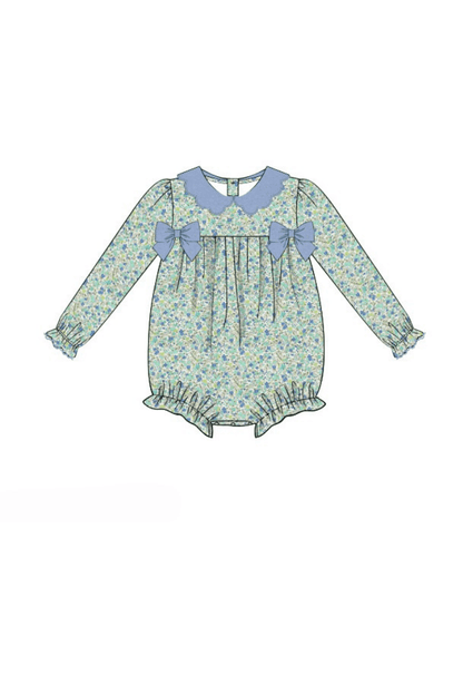 The Smocked Flamingo Pre-Order Blue Fall Floral Corduroy/Velvet Bow Bubble