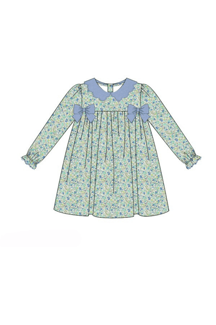 The Smocked Flamingo Pre-Order Blue Fall Floral Corduroy/Velvet Bow Dress