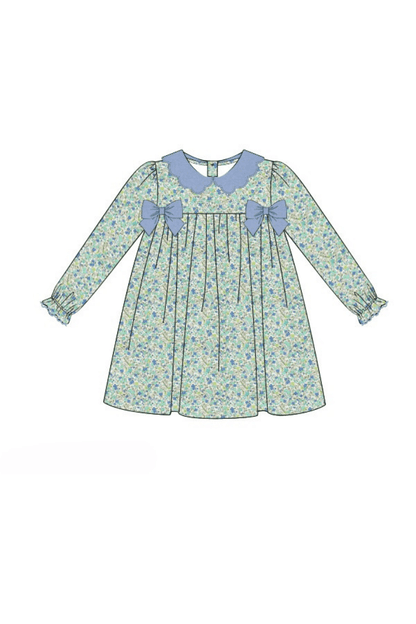 The Smocked Flamingo Pre-Order Blue Fall Floral Corduroy/Velvet Bow Dress