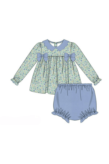 The Smocked Flamingo Pre-Order Blue Fall Floral Corduroy/Velvet Bow Set