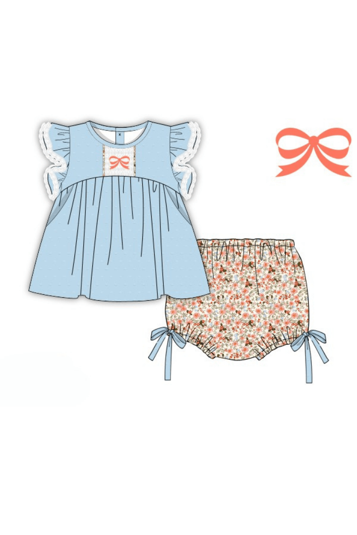 The Smocked Flamingo Pre-Order Blue Swiss Dot Bow Floral Bloomer Set