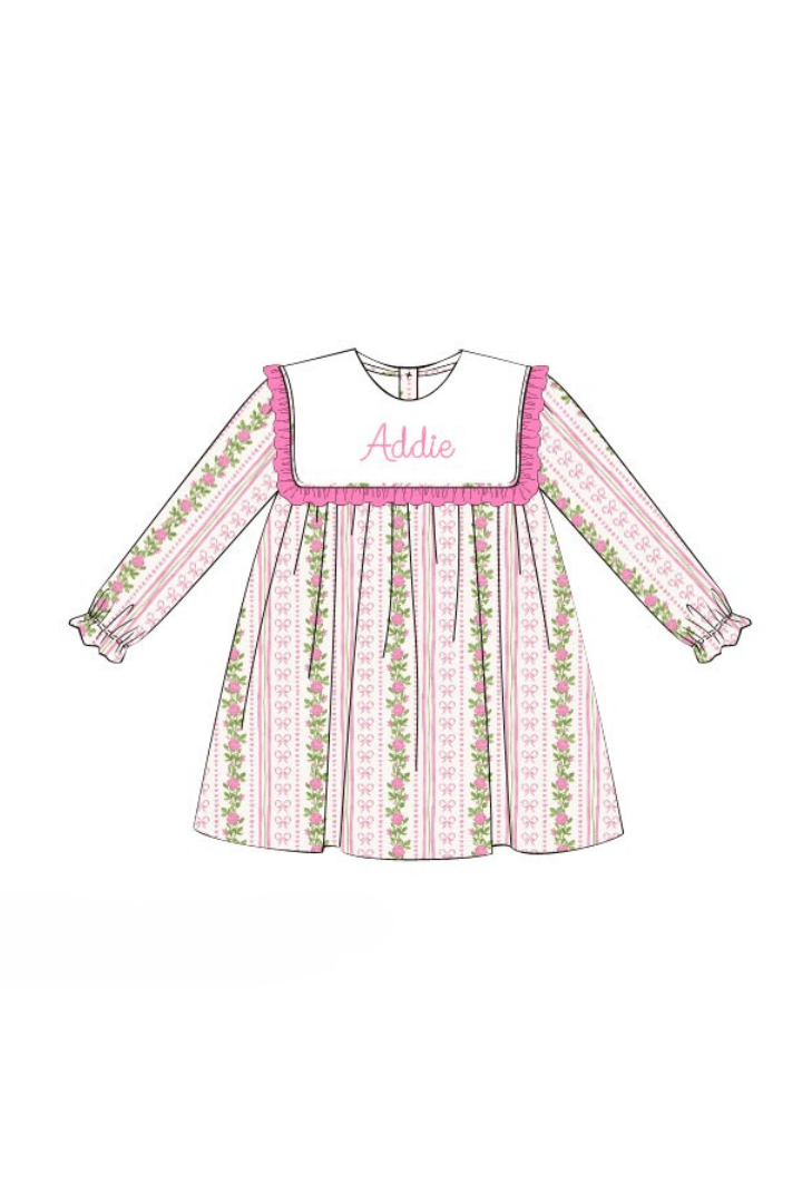 The Smocked Flamingo Pre-Order Custom Embroidered Fancy Pink Bow Dress