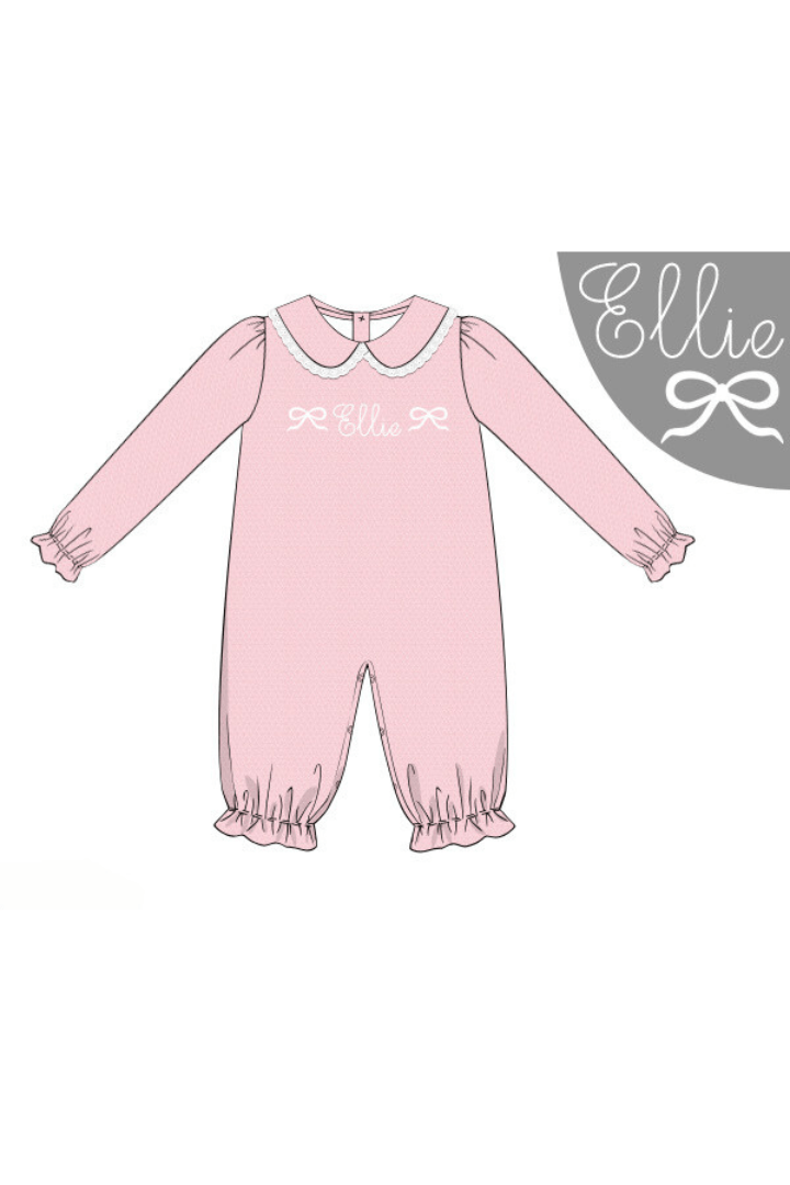 The Smocked Flamingo Pre-Order Custom Embroidered Pink Honeycomb Bow Romper