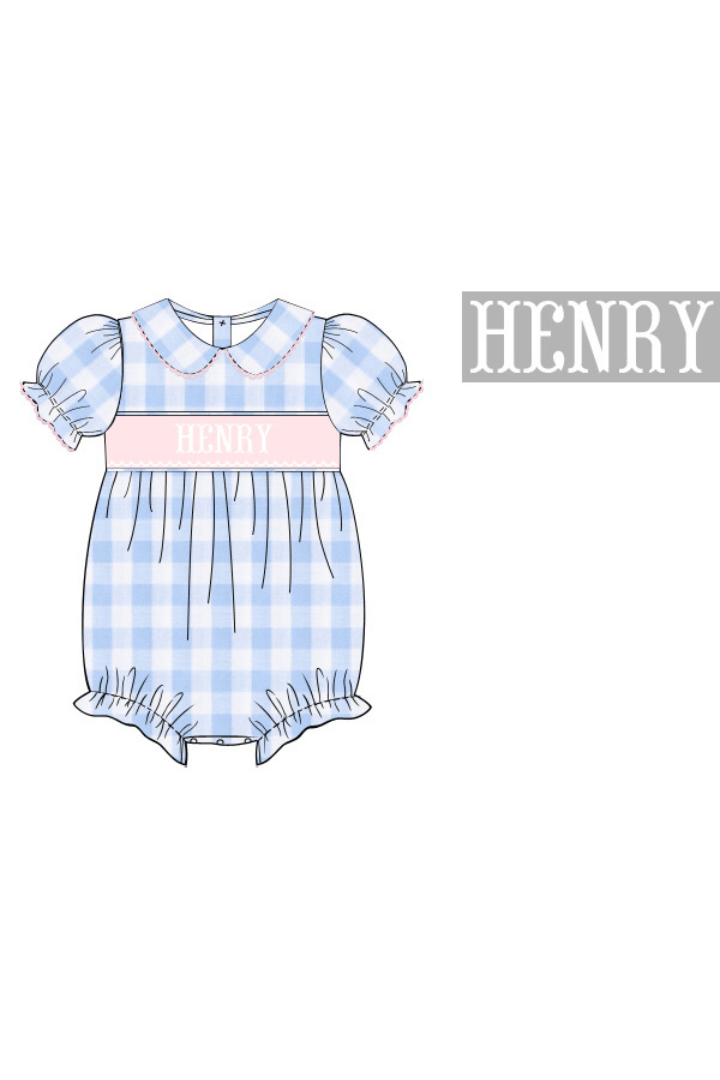 The Smocked Flamingo Pre-Order Custom Hand Smocked Name Blue Gingham Bubble