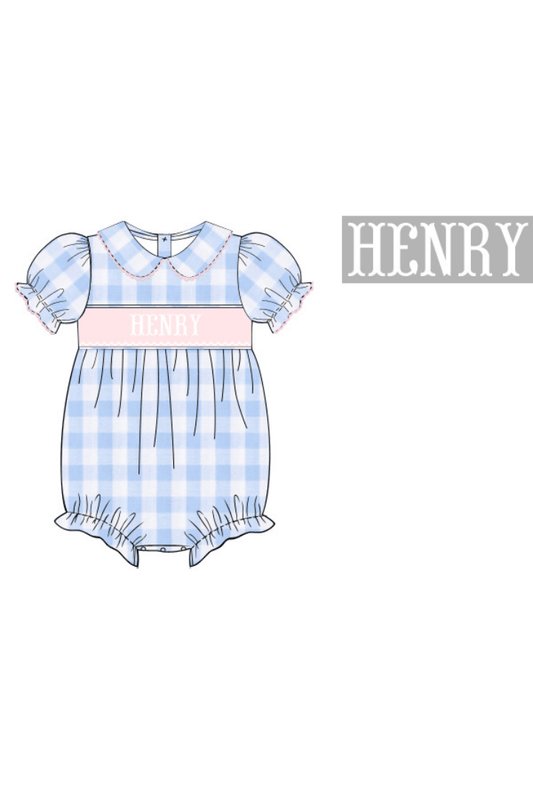 The Smocked Flamingo Pre-Order Custom Hand Smocked Name Blue Gingham Bubble