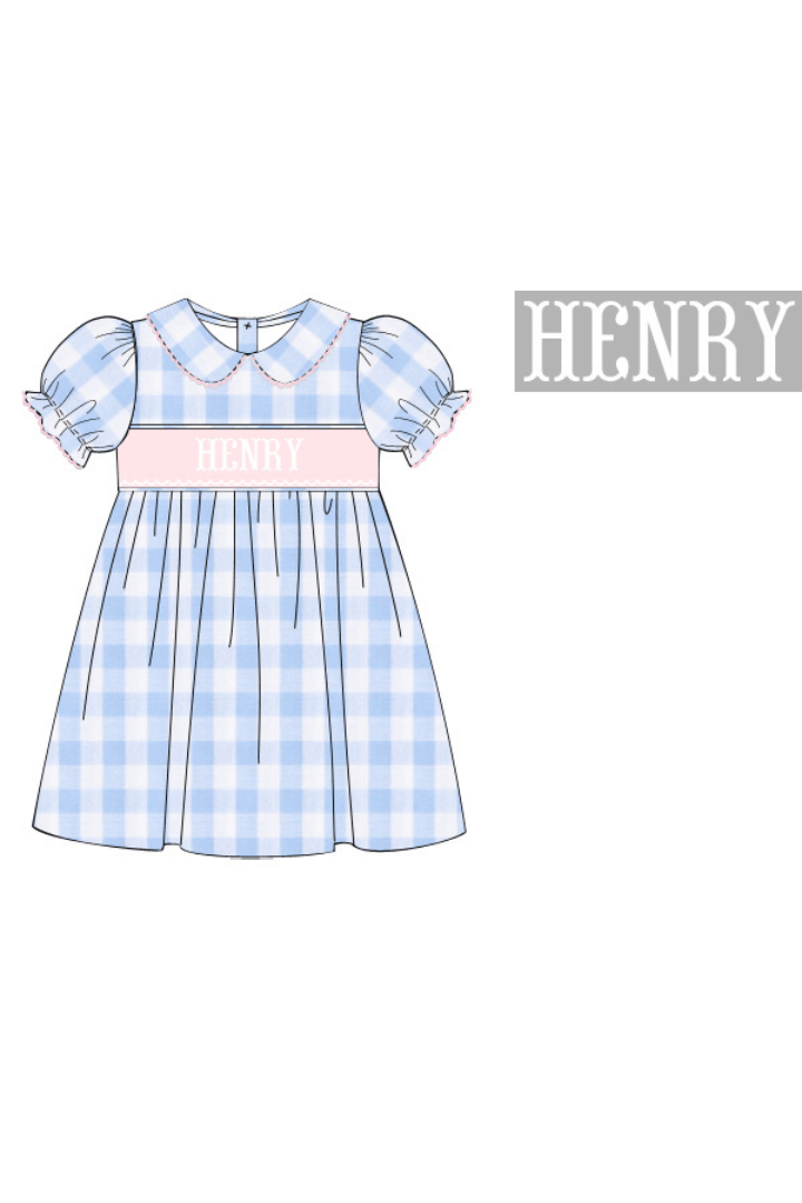 The Smocked Flamingo Pre-Order Custom Hand Smocked Name Blue Gingham Dress