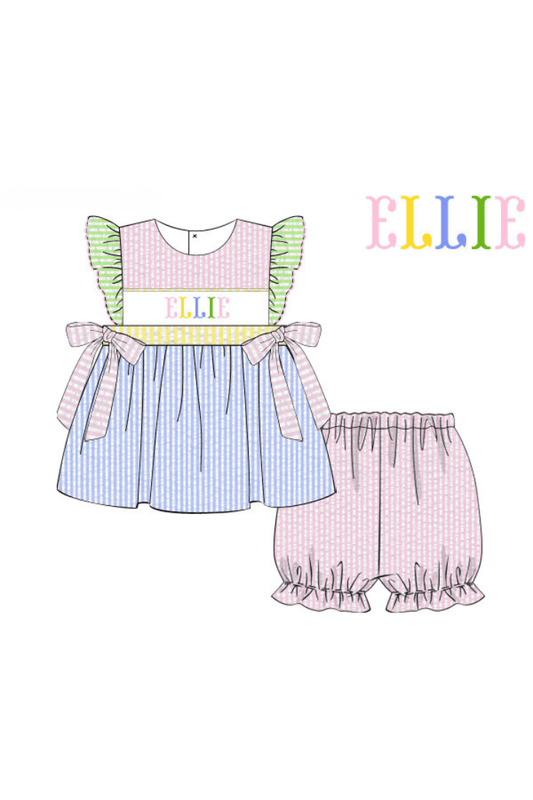 The Smocked Flamingo Pre-Order Custom Hand Smocked Name Colorblock Seersucker Bloomer Set