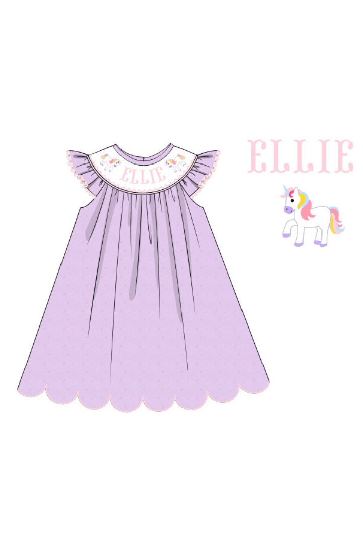 The Smocked Flamingo Pre-Order Custom Hand Smocked Name Unicorn Lavender Swiss Dot Dress