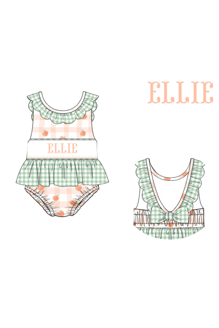 The Smocked Flamingo Pre-Order Custom Hand Smocked Peach Plaid Swimsuit