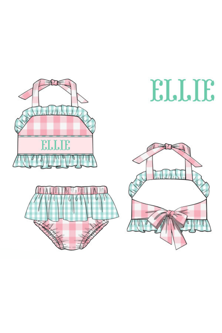 The Smocked Flamingo Pre- Order Custom Hand Smocked Pink Gingham Two Piece Swimsuit