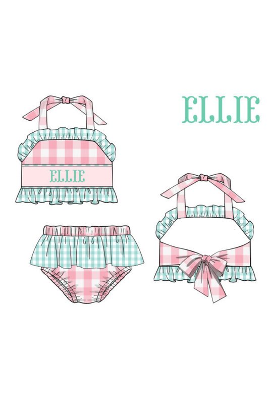 The Smocked Flamingo Pre- Order Custom Hand Smocked Pink Gingham Two Piece Swimsuit