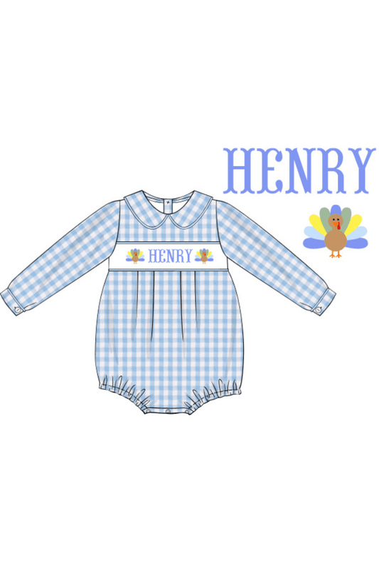 The Smocked Flamingo Pre-Order Custom Name Blue Gingham Seersucker Bubble