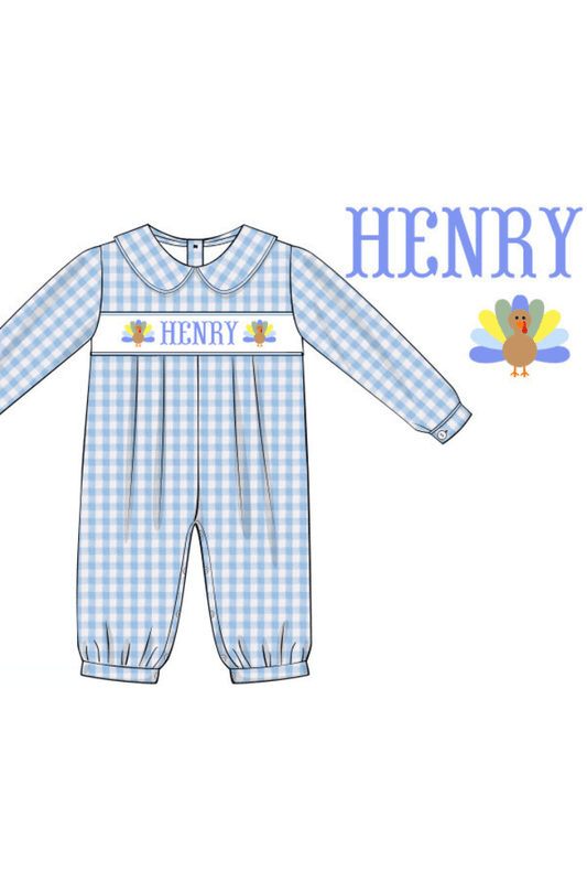 The Smocked Flamingo Pre-Order Custom Name Blue Gingham Seersucker Romper