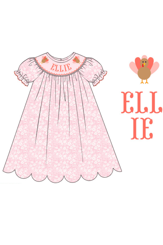 The Smocked Flamingo Pre-Order Custom Name Floral Turkey Bishop Dress