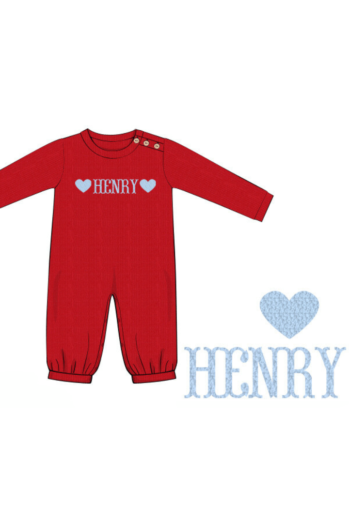 The Smocked Flamingo Pre-Order Custom Name French Knot Red/Blue Cardigan Heart Romper