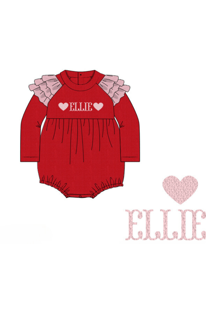 The Smocked Flamingo Pre-Order Custom Name French Knot Red/Pink Ruffle Cardigan Heart Bubble