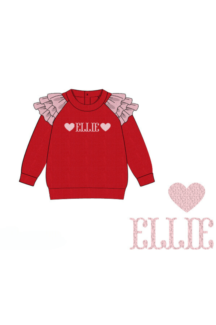 The Smocked Flamingo Pre-Order Custom Name French Knot Red/Pink Ruffle Cardigan Heart Pullover