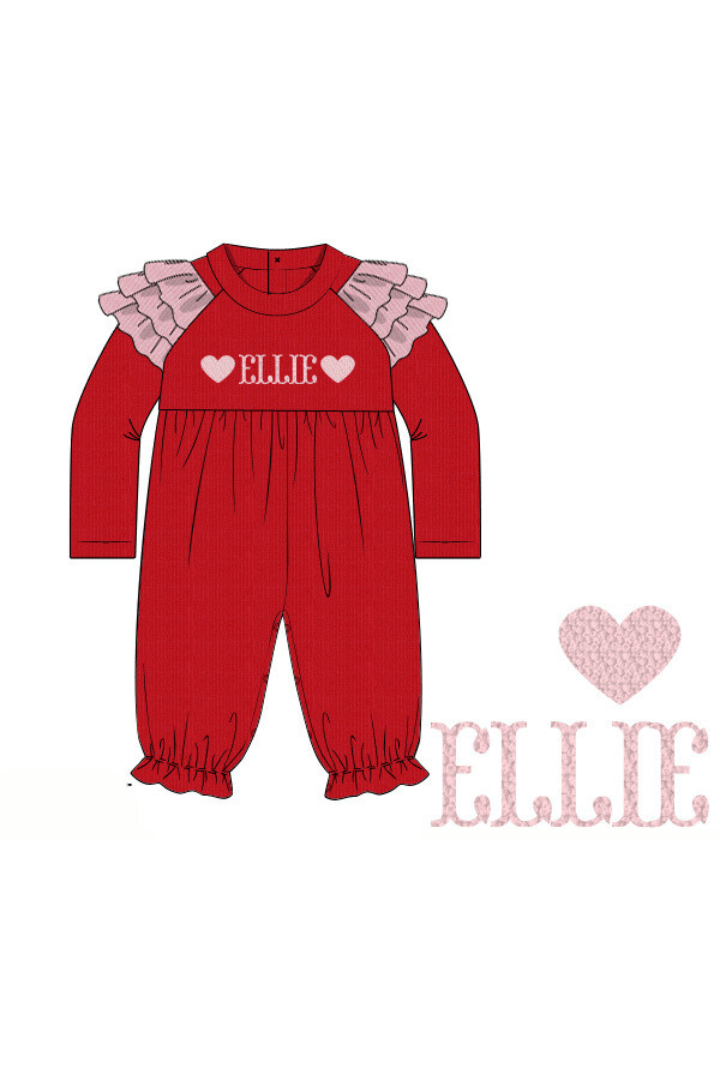 The Smocked Flamingo Pre-Order Custom Name French Knot Red/Pink Ruffle Cardigan Heart Romper