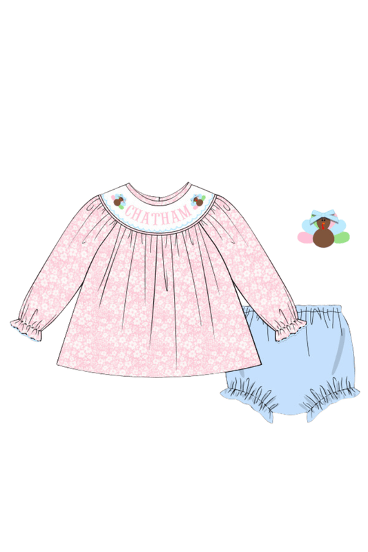 The Smocked Flamingo Copy of Pre-Order Custom Name Pink Floral Turkey Bloomer Set