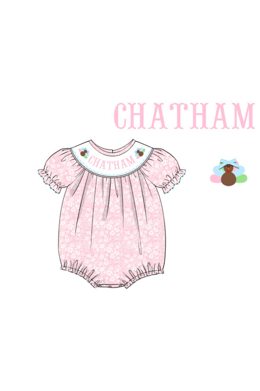The Smocked Flamingo Pre-Order Custom Name Pink Floral Turkey Short Sleeve Bubble